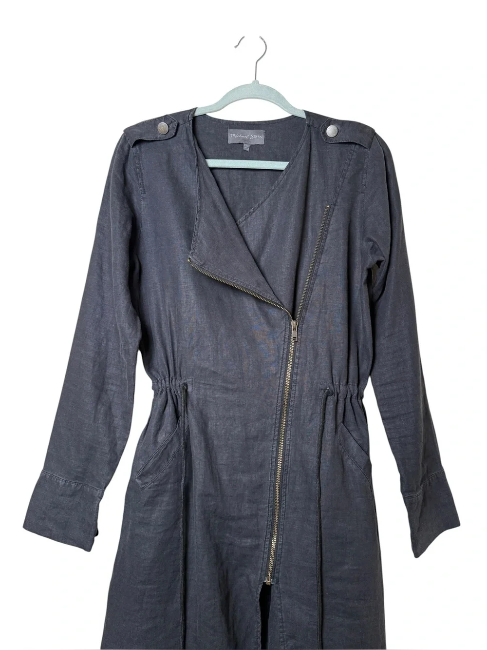 Michael Stars Small LINEN Charcoal Long-Sleeve Asymmetrical Zip Shirt Dress